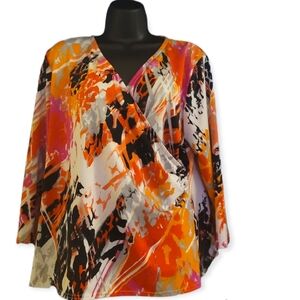 Peck & Peck Stretchy Knit Abstract Print 3/4 Sleeve V-Neck Top Size XL.